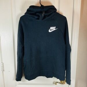 Nike Men's Medium Black Pullover Hoodie White Swoosh Logo‎ Pockets Warm Light
